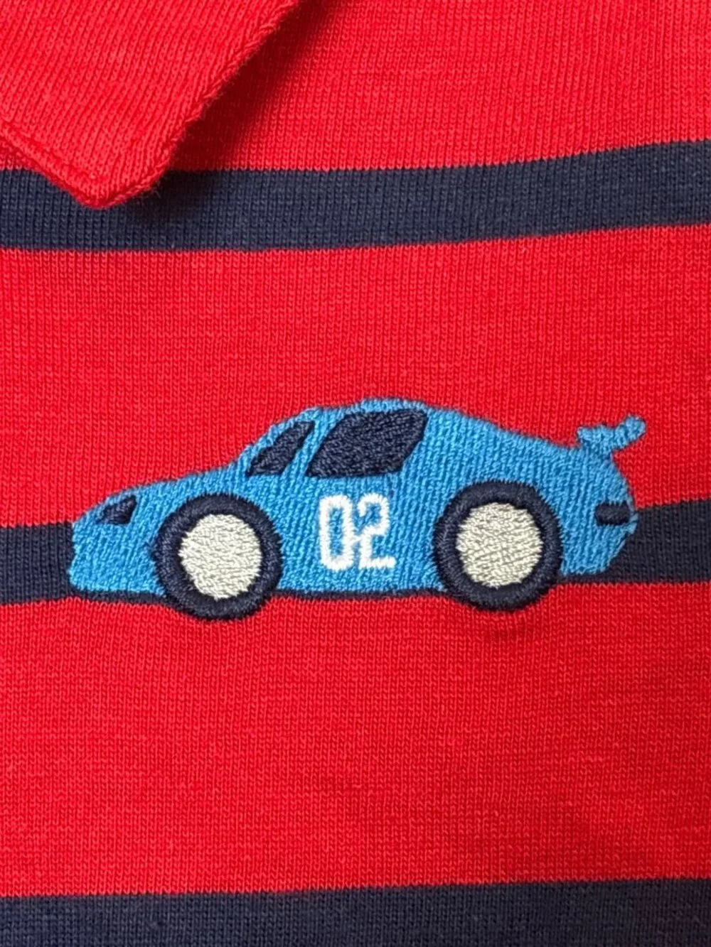Baby Boy Red & Navy Striped Polo Romper With Car Applique - 6-9 Months